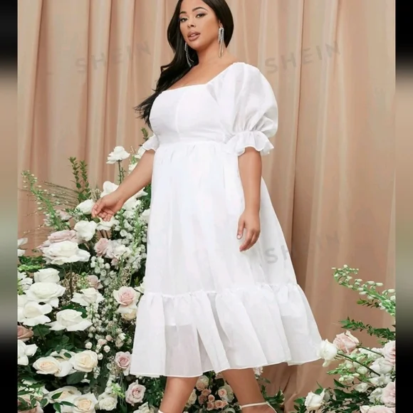 NEW White Square Neck Milkmaid Puff Sleve Midi Dress - Picture 6 of 10